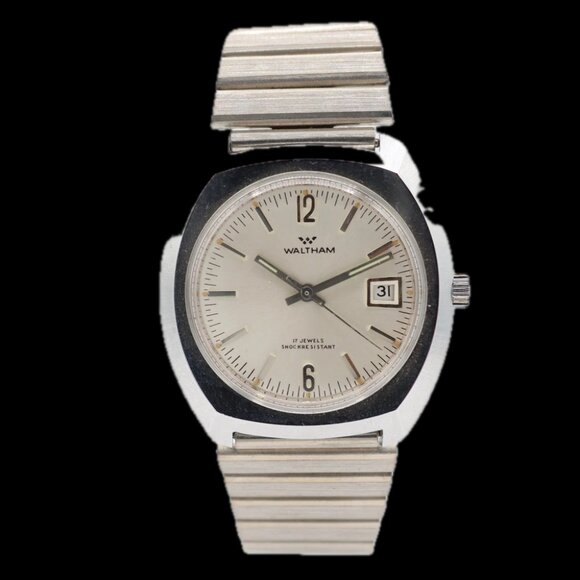 Vintage 38mm Waltham Date Brushed Men's Mechanical Wristwatch Chrome Plated NOS - Picture 5 of 6